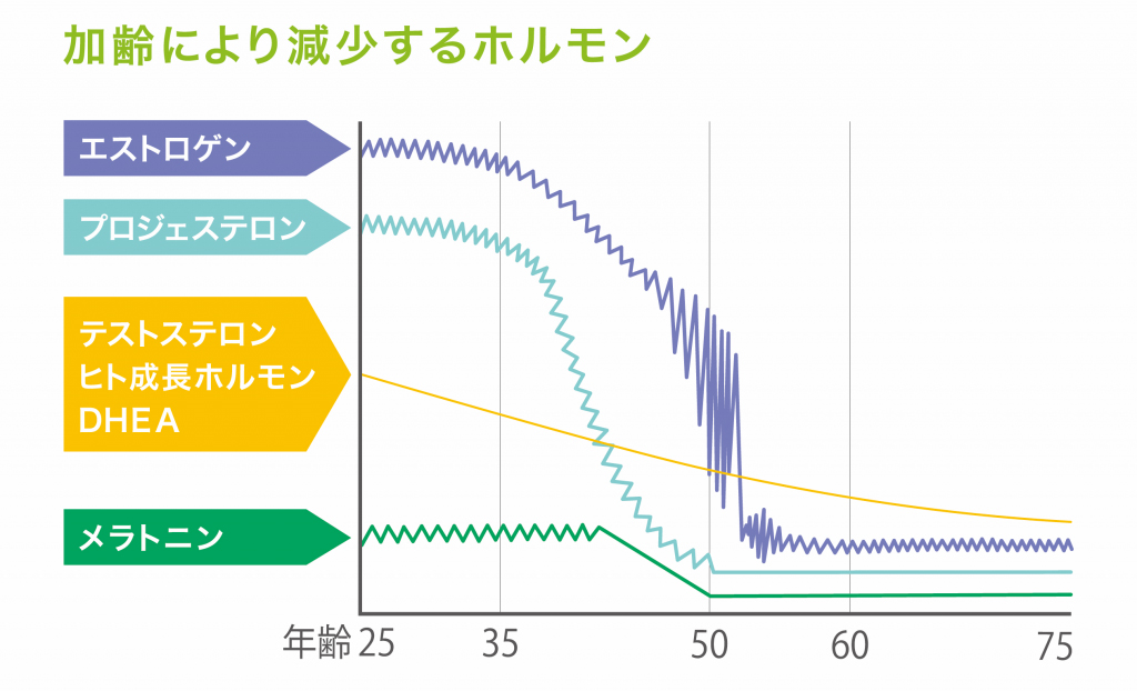 加齢により減少するホルモンのグラフ